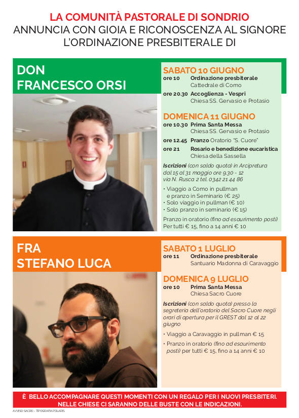 La gioia di nuove chiamate: la Comunità pastorale di Sondrio in festa per don Francesco Orsi e fra Stefano Luca